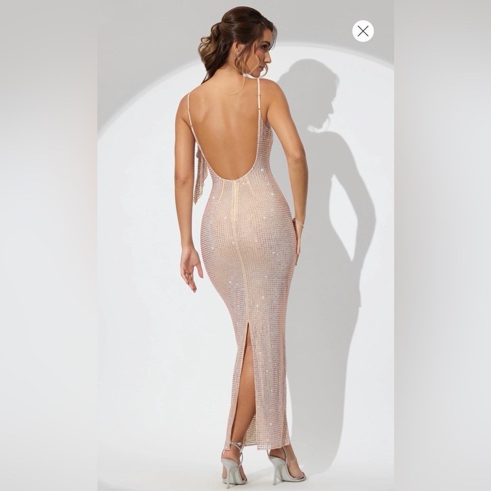 OH Polly Annelise Embellished Draped Ruffle Maxi Dress in Champagne US 8 UK 12 - Picture 2 of 7